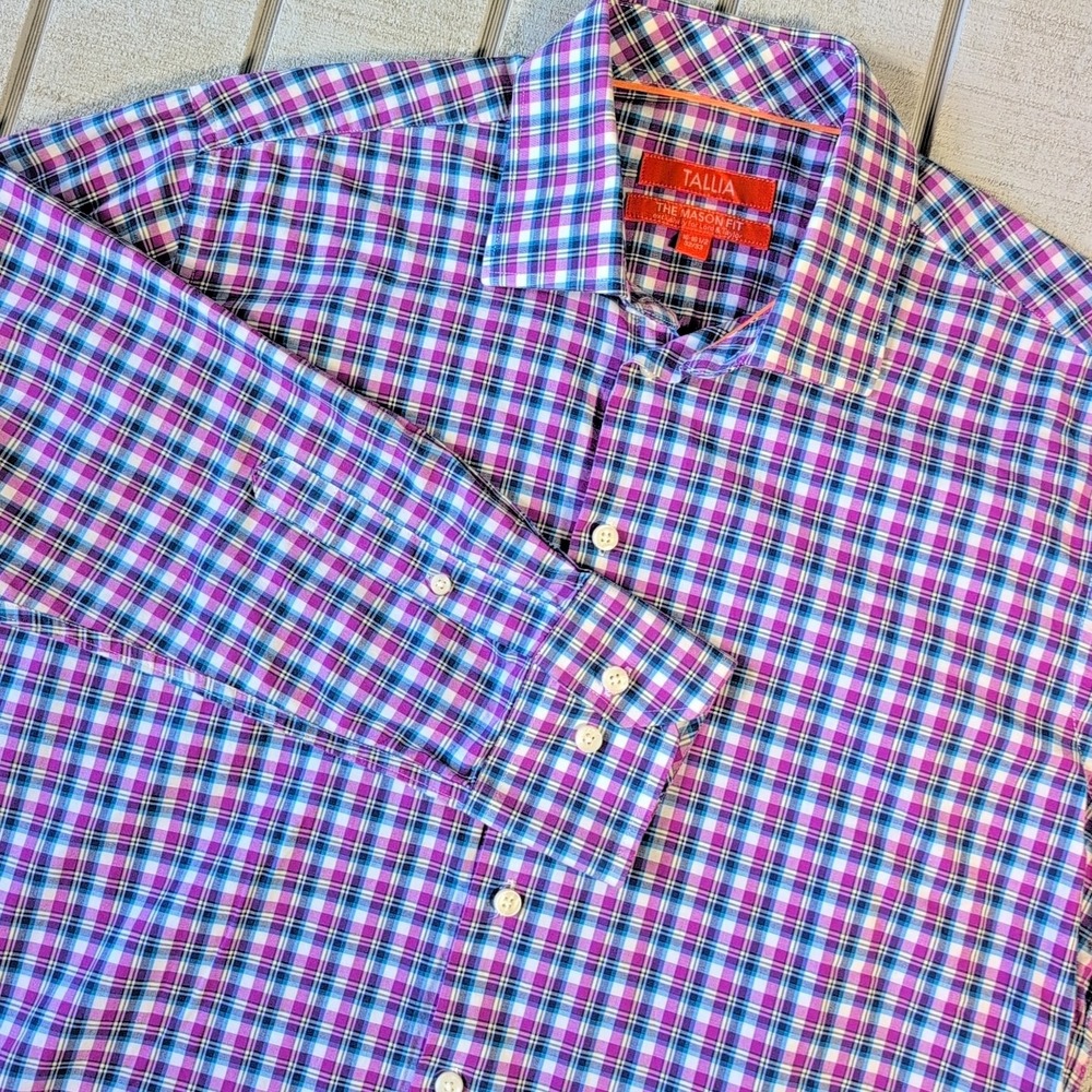 Tallia Mason Fit Dress Shirt Men's Size Large 16-16.5 32/33 - Purple Blue Plaid